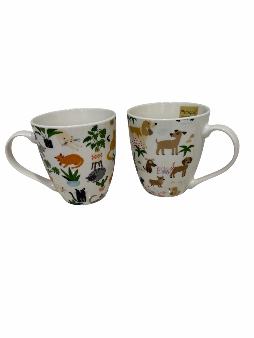 Pfaltzgraff White Mugs with Multicolor Dog & Cat Illustrations